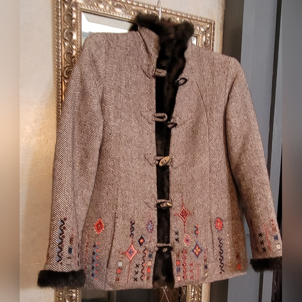 Icelandic Design wool blend coat, brown with embroidered designs and faux fur.